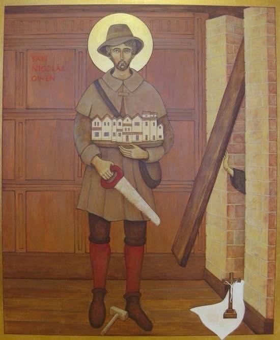 Saint Nicholas Owen holding tools of his trade